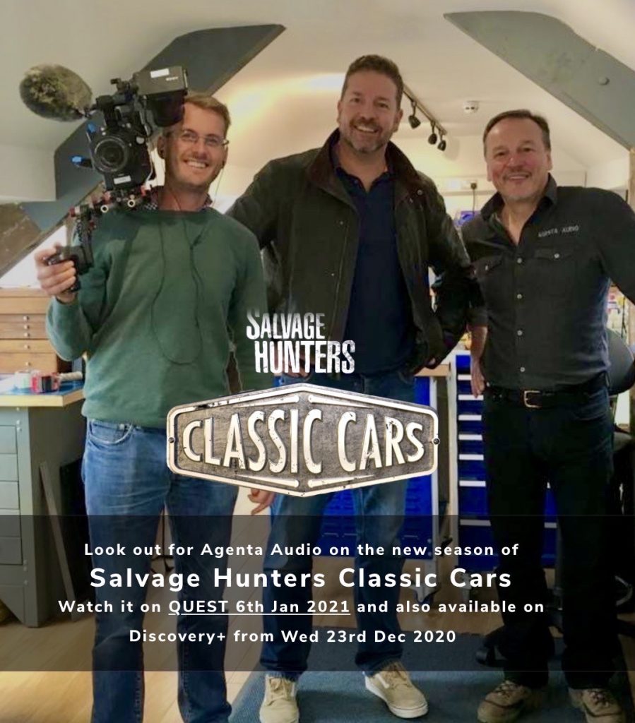 Director Chris Kershaw and Presenter Paul Cowland from Salvage Hunters Classic Cars with Colin Armstrong of Agenta Audio during filming 